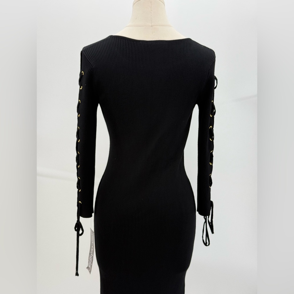 Nina Leonard Black Ribbed Knit Bodycon Long Sleeve Lace-Up Detail Sweater Dress - Picture 9 of 14